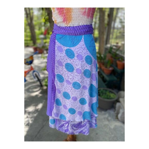 Jovani Designs Silk Blend Wrap Skirt Mix Print Beach Travel Purple Blue Sz M - Picture 6 of 9